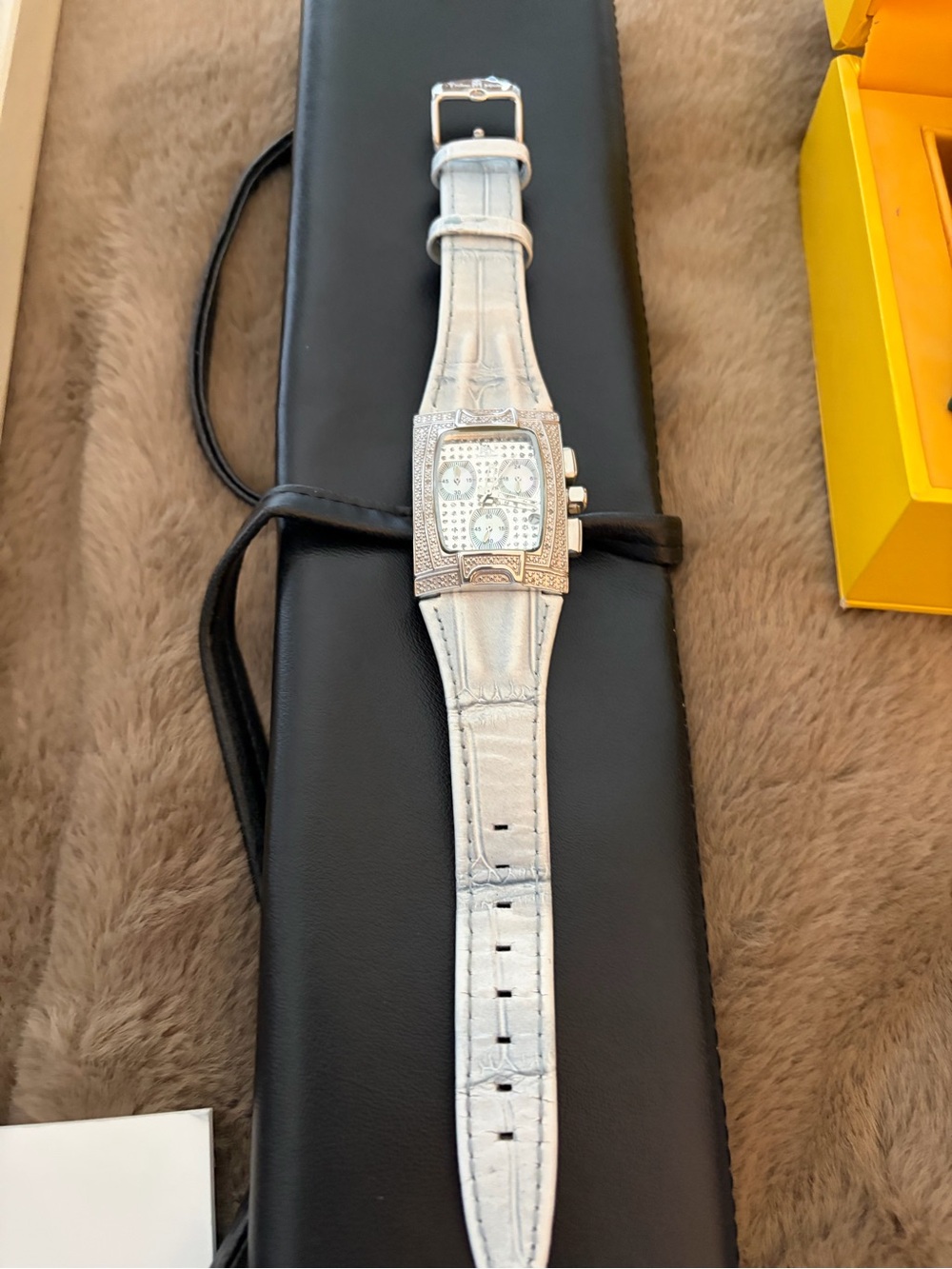 Silver Tone Crystal-Accent Square Watch with Baby Blue Leather Embossed Strap